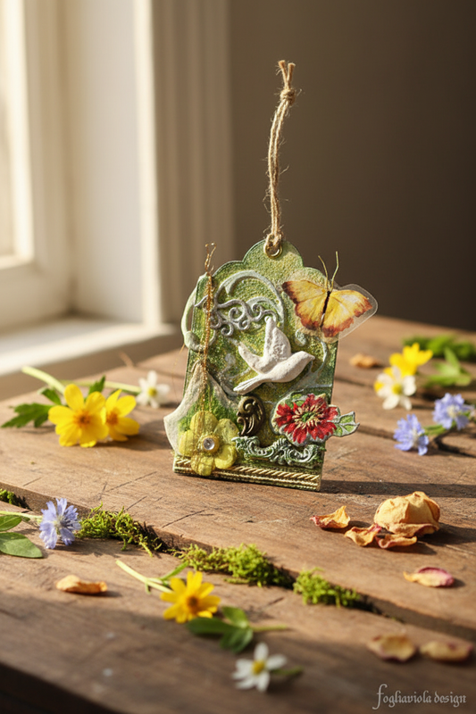 La Prima Farfalla – Art Tag Primavera artigianale pezzo unico tecnica mista Fogliaviola
