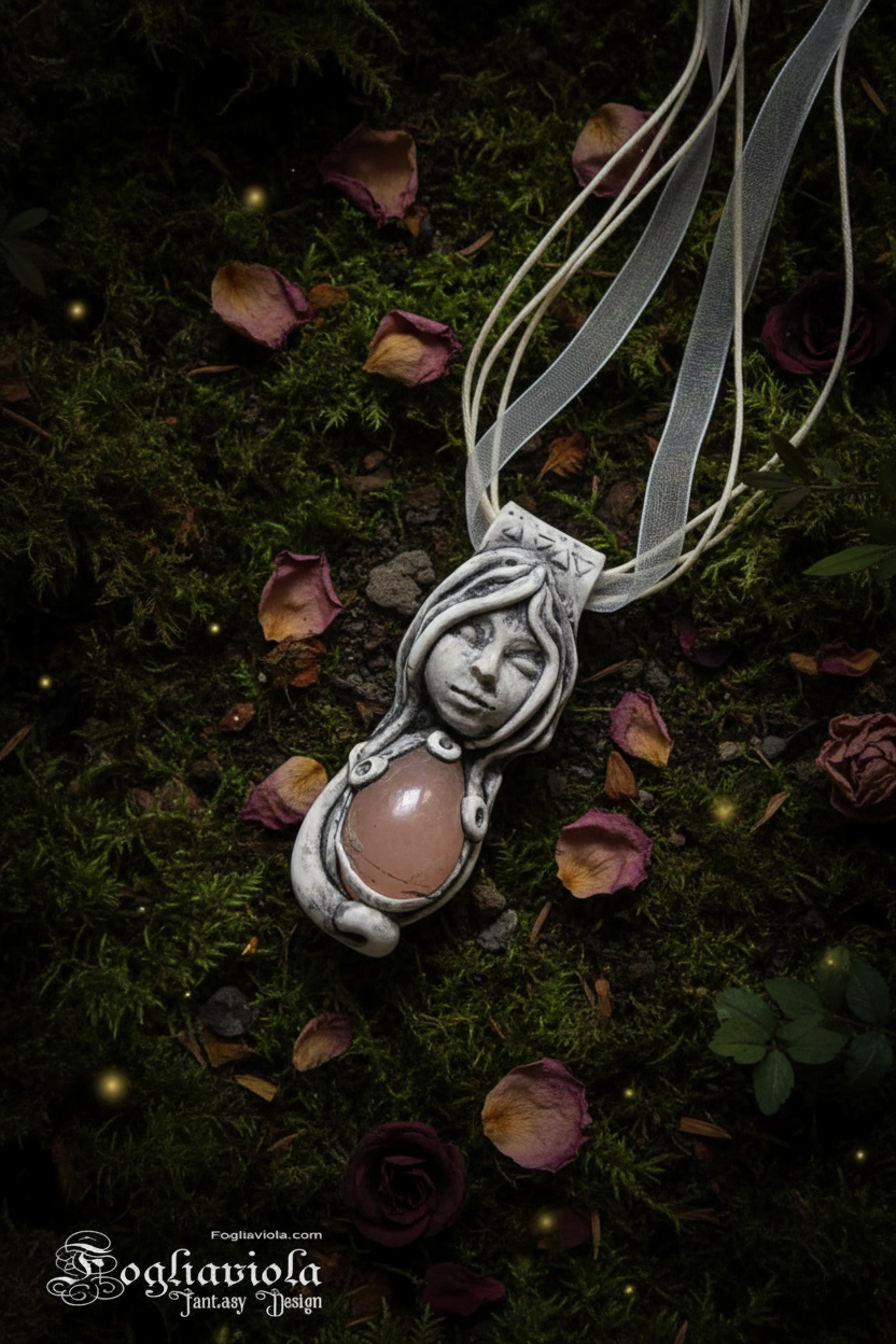 Ciondolo Dea Madre scolpito a mano con ventre in quarzo rosa, talismano femminile su collana in organza bianca