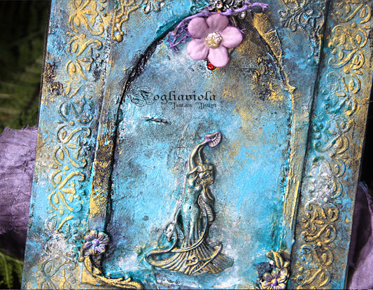 diario artigianale fantasy con fata di primavera, fiori e muschio da regalare con segnalibro