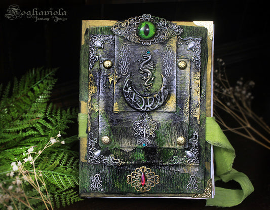 Diario artigianale Occhio del Drago – copertina mixed media con dettagli oro, Fogliaviola