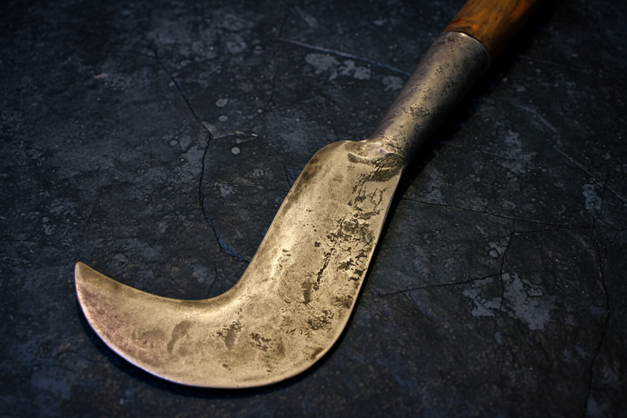 Falce esoterica forgiata a mano — dettaglio manico in legno intagliato e trattato con olio naturale