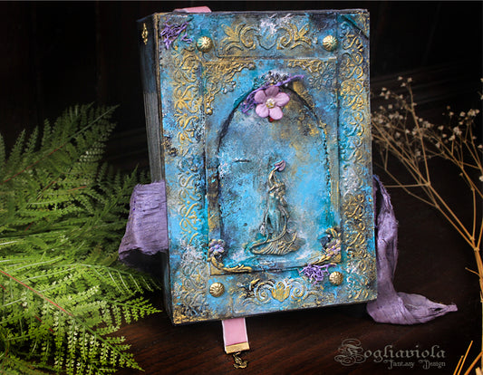 Flora Journal – diario artigianale copertina turchese oro e viola, fatto a mano, Fogliaviola