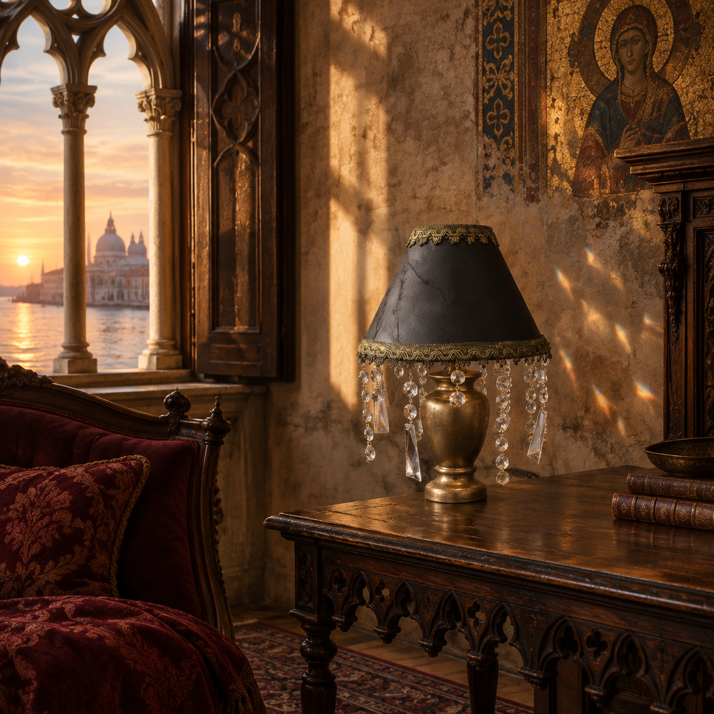 Lampada handmade con cristalli d'epoca originali in una stanza veneziana al tramonto