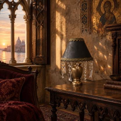 Lampada handmade con cristalli d'epoca originali in una stanza veneziana al tramonto