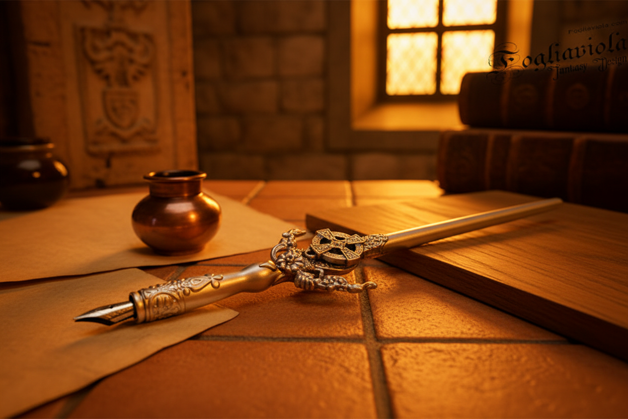 Penna medievale artigianale con croce celtica argento e pennino in ferro - design regale fatto a mano in Italia per amanti del mondo arturiano