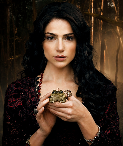 Salem, Mary Sibley with her toad. Janet Montgomery nel bosco con il suo famiglio, rana di strega