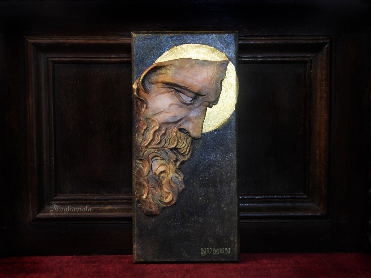 bassorilievo di Zeus con aureola in foglia oro, volto del Sileno di Lisippo modellato a mano, scultura da parete Fogliaviola