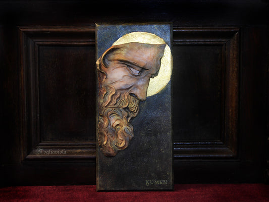 bassorilievo di Zeus con aureola in foglia oro, volto del Sileno di Lisippo modellato a mano, scultura da parete Fogliaviola
